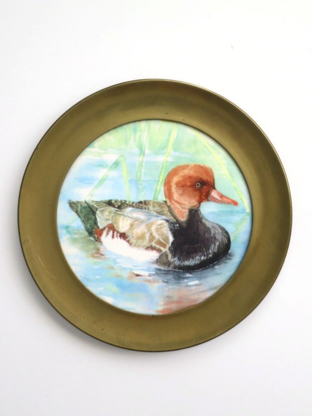 Vintage Brass Framed Ceramic Duck Plate Wall Decor